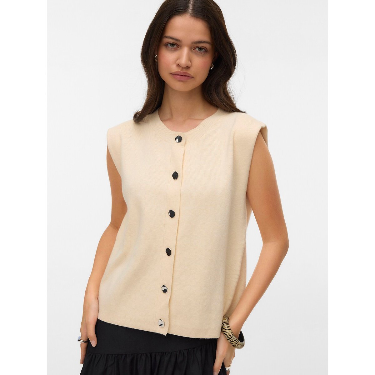 Vero Moda Sleeveless Crew Neck Buttoned Cardigan Women's Ecru Small