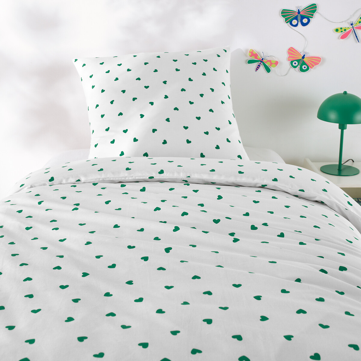 La Redoute Interieurs Scacco Green Child's Duvet Cover Set In 50% Recycled Cotton With Square Pillowcase Unisex Heart Print Single (140X200cm)