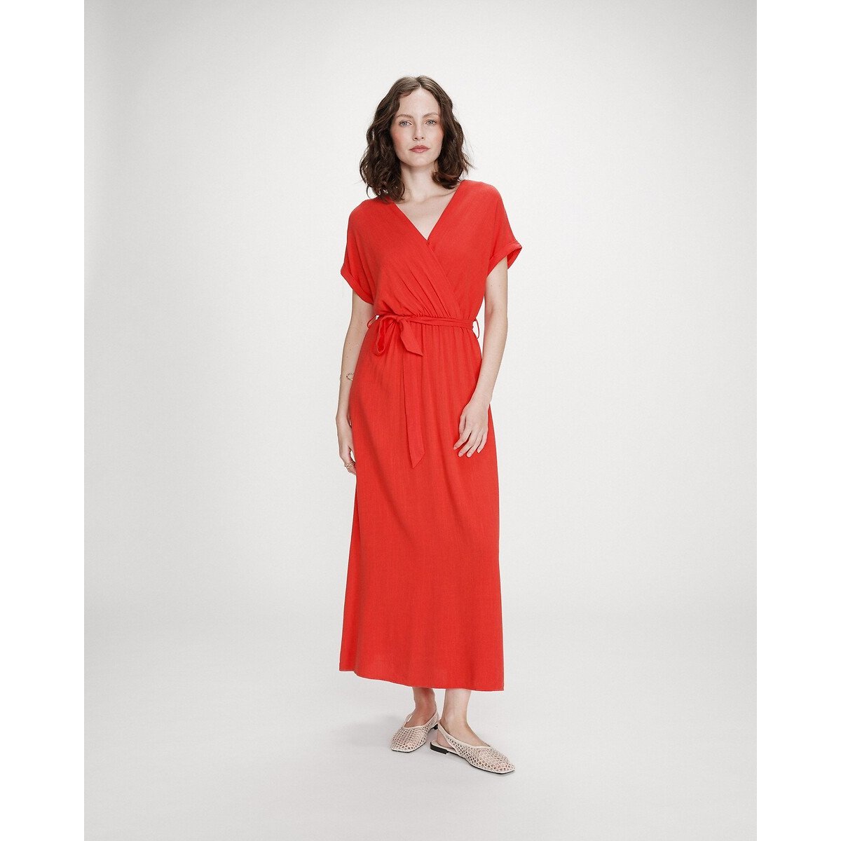 Grace & Mila Lange, Soepelvallende Jurk Met Ceintuur, V-hals, Pollen