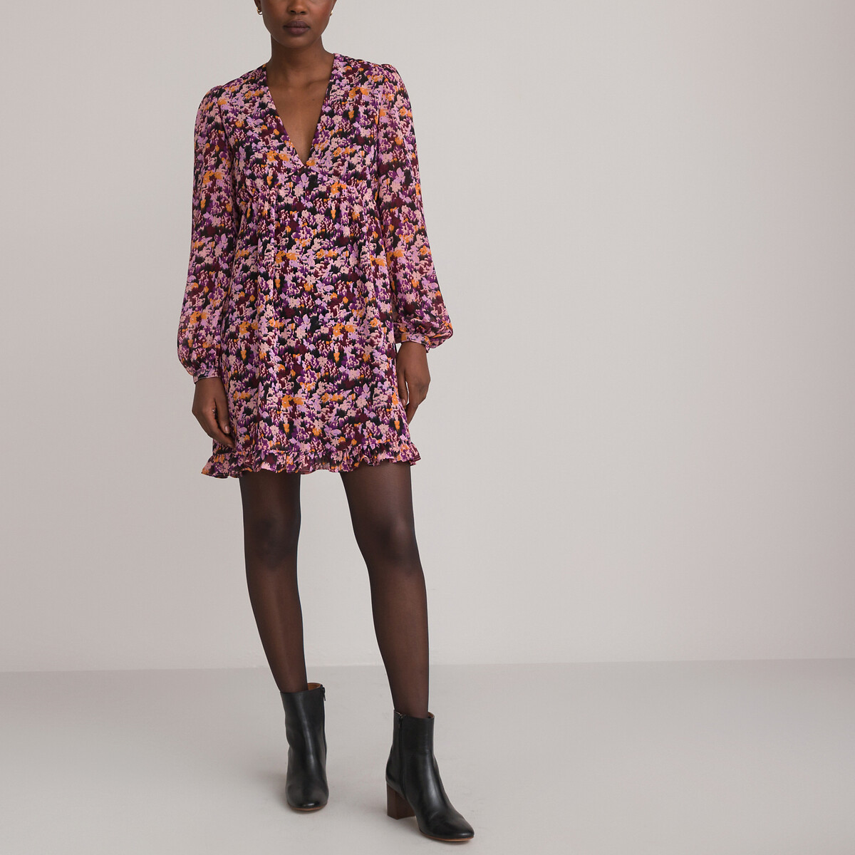 LA REDOUTE COLLECTIONS Korte jurk met V-hals, lange mouwen, bedrukt