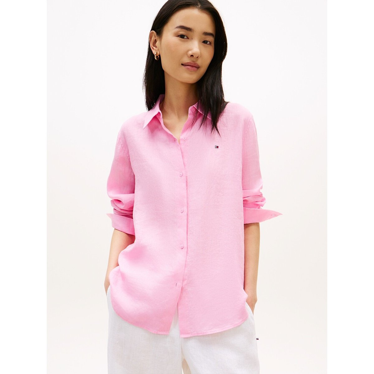 Tommy Hilfiger Camisa de lino de manga larga. Talla 40. Color Rosa