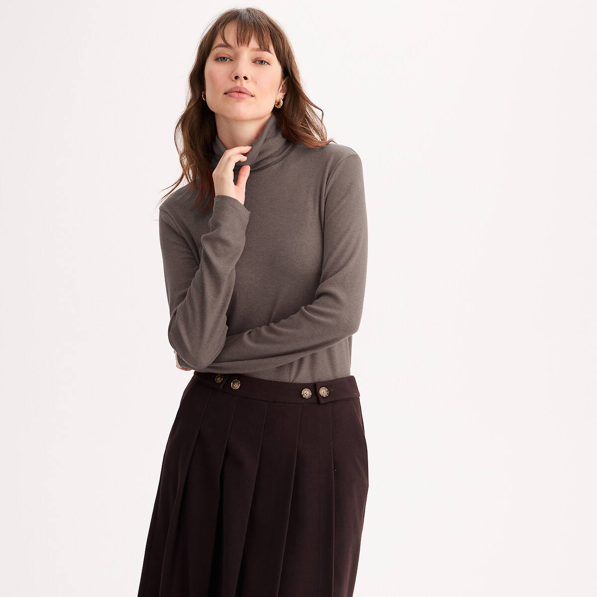 Anne Weyburn Lyocell Blend Turtleneck Top With Long Sleeves Women's Brown Marl Extra Large