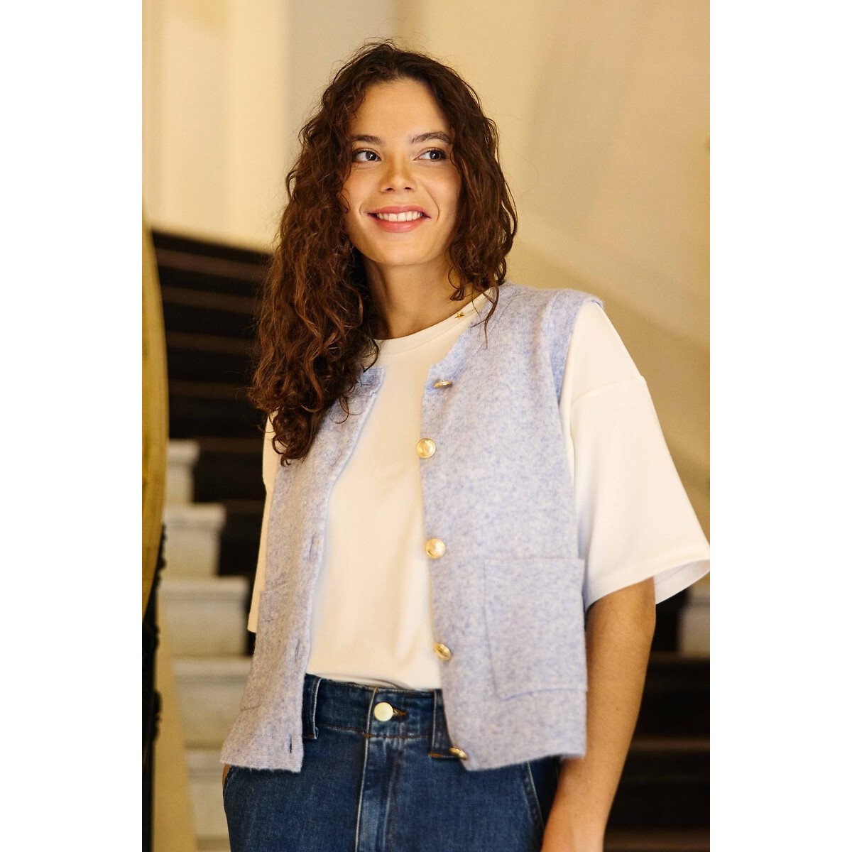 La Petite Etoile Mori Sleeveless Crew Neck Cardigan Women's Sky Blue Large
