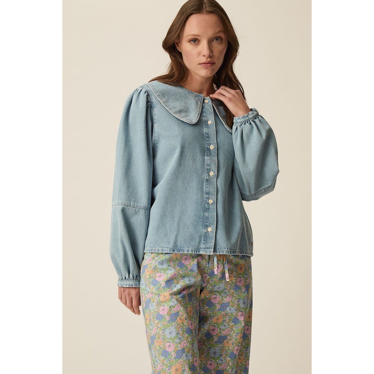 Des Petits Hauts Louise Denim Blouse With Peter Pan Collar Women's Light Denim Small