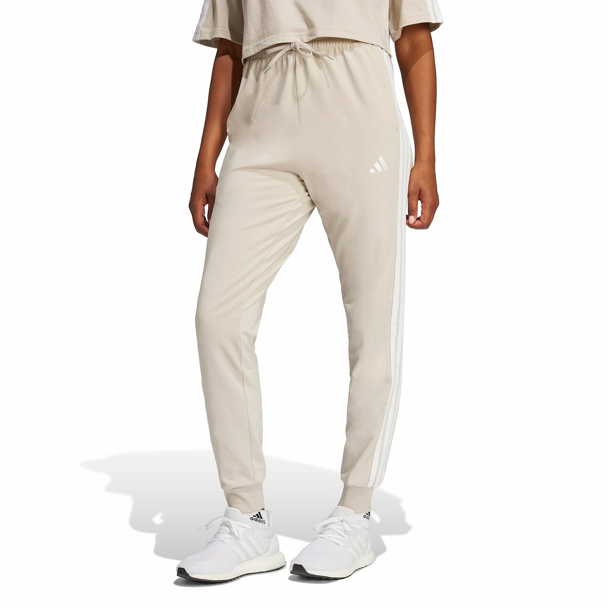 Adidas Sportswear Fleece Tapered Trousers, Essentials 3 Stripes Women's Ecru Medium