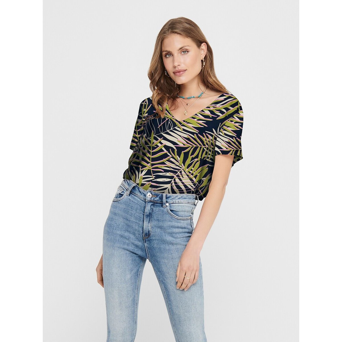 Jdy Floral/Leaf Print Blouse With V-Neck And Short Sleeves Women's Beige/Black Size 8