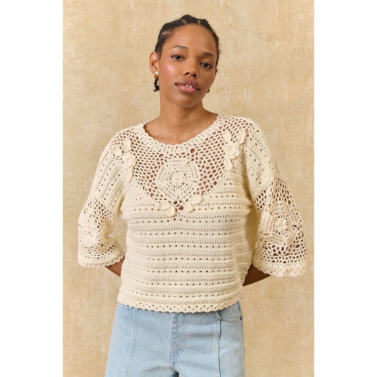 Louise Misha Eleanor Crochet Short Sleeve Jumper Women's Cream Small