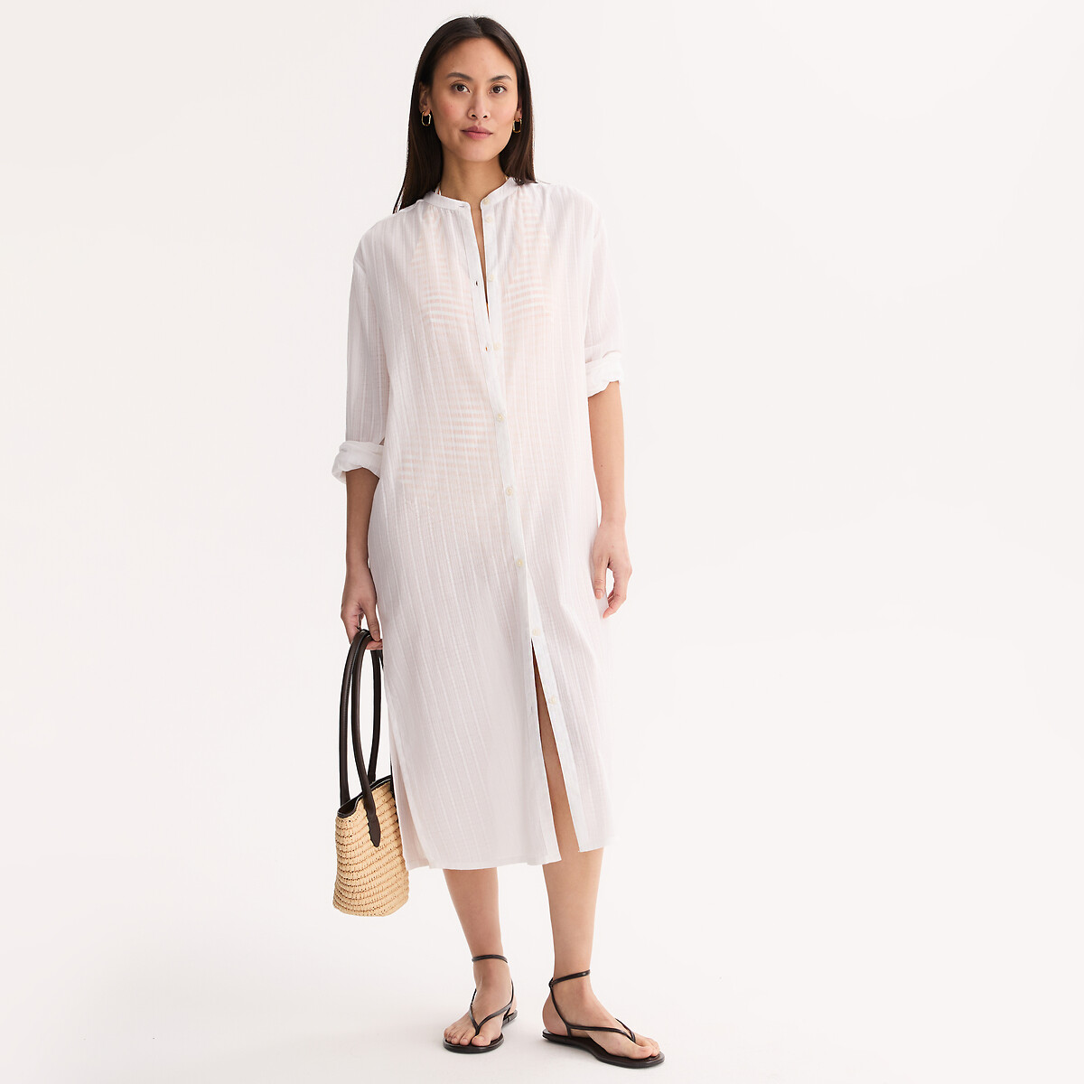 Anne Weyburn Cotton Voile Long Mandarin Collar Tunic Women's White Xxl