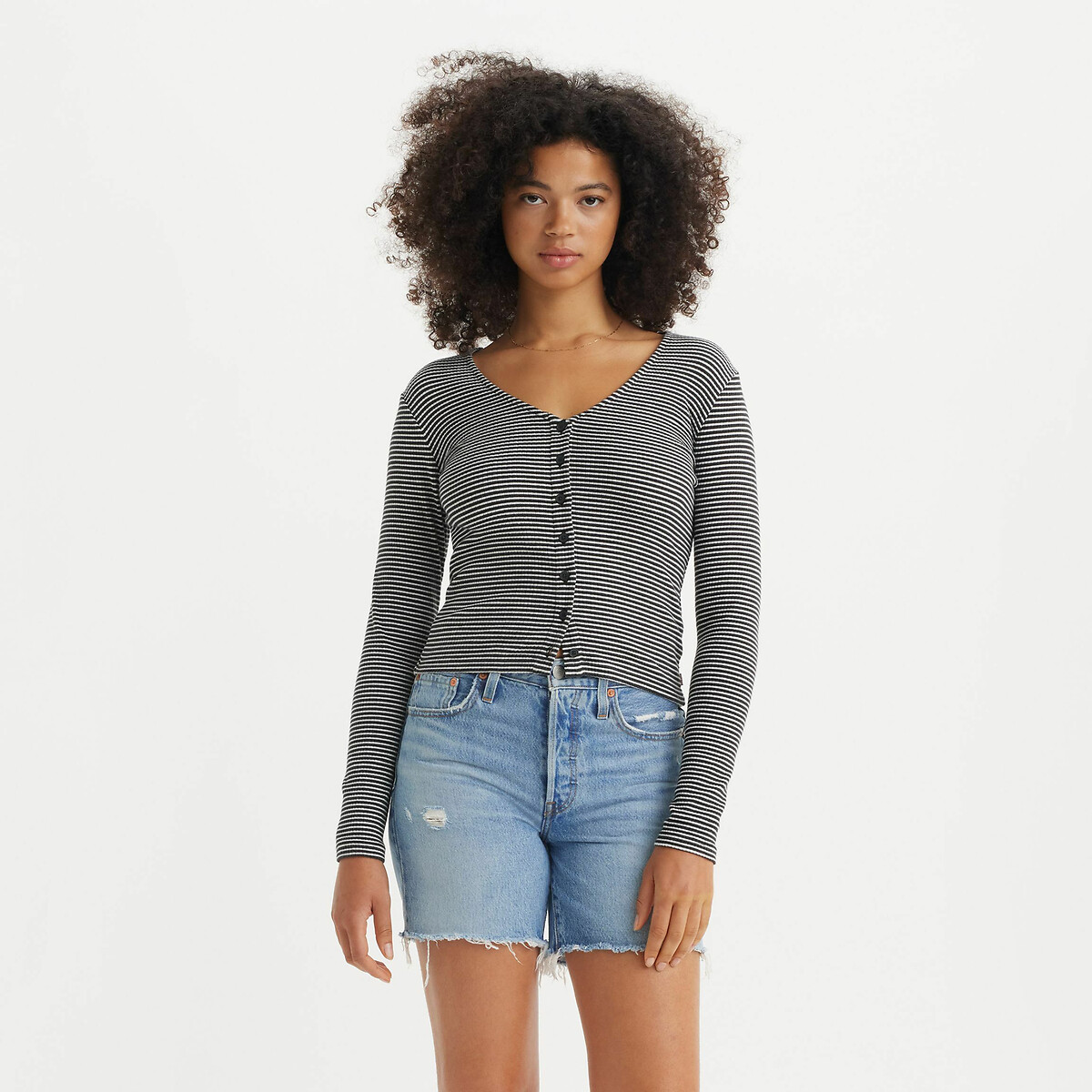 Levi's V-Neck Long Sleeve T-Shirt Women's Black/Ecru Striped Medium