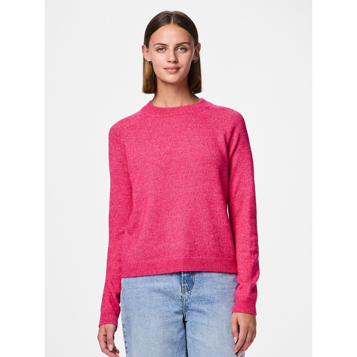 Pieces Brushed Knit Jumper With Crew Neck Women's Pink Extra Small