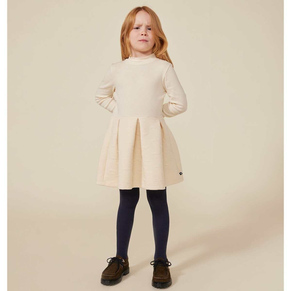 Petit Bateau Cotton Dual Fabric Dress With Long Sleeves Girls Ecru 3Y (94Cm) Kids