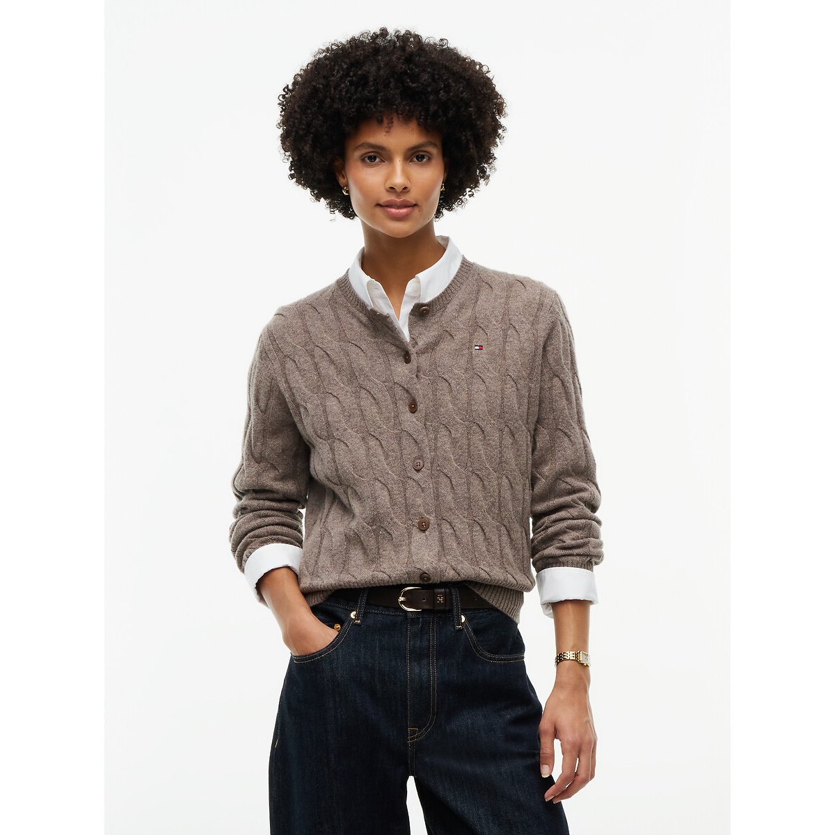 Tommy Hilfiger Wool Cable Knit Crew Neck Cardigan Women's Brown Marl Medium - La Redoute - Image 1