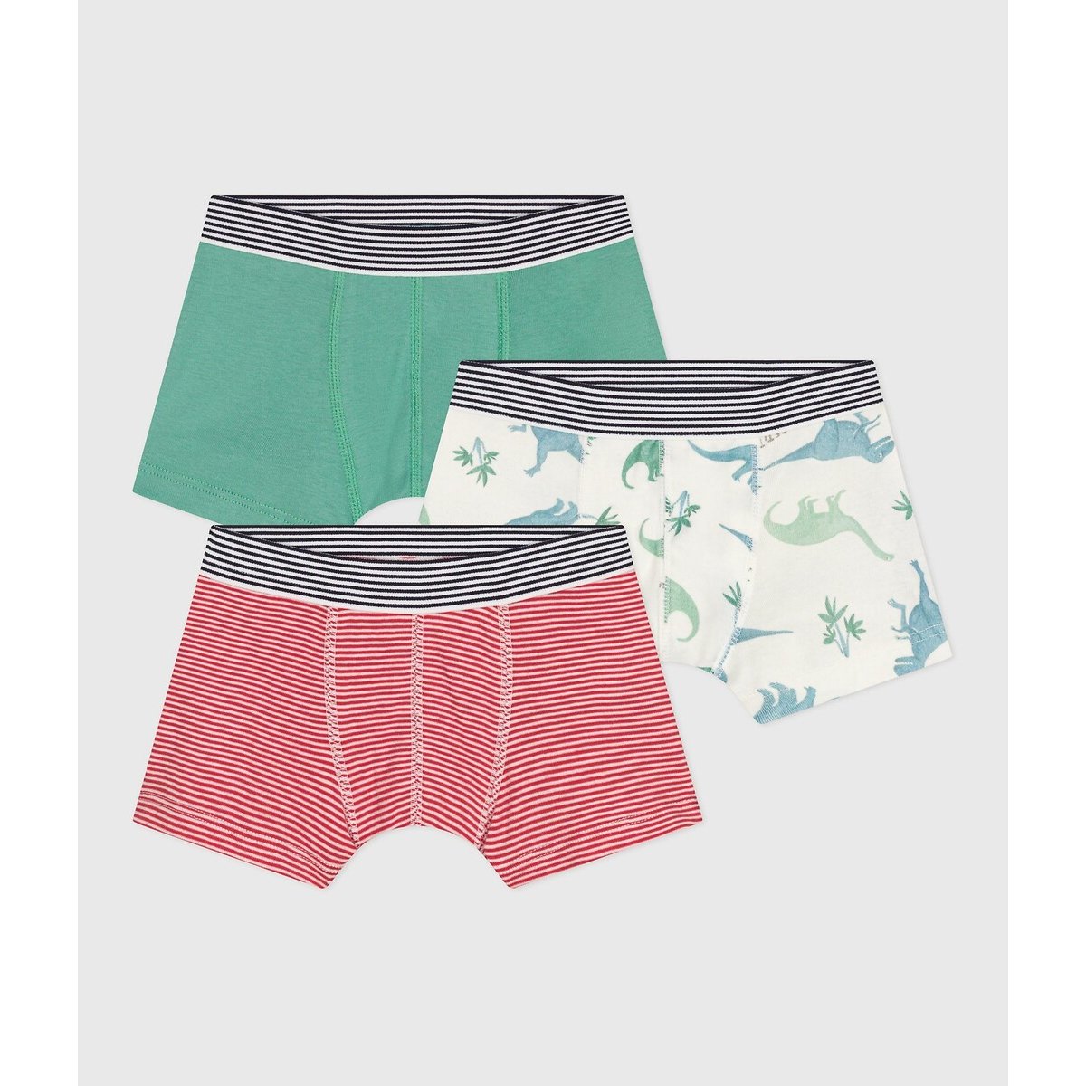 PETIT BATEAU Set van 3 katoenen boxershorts, strepen en dinosaurussen