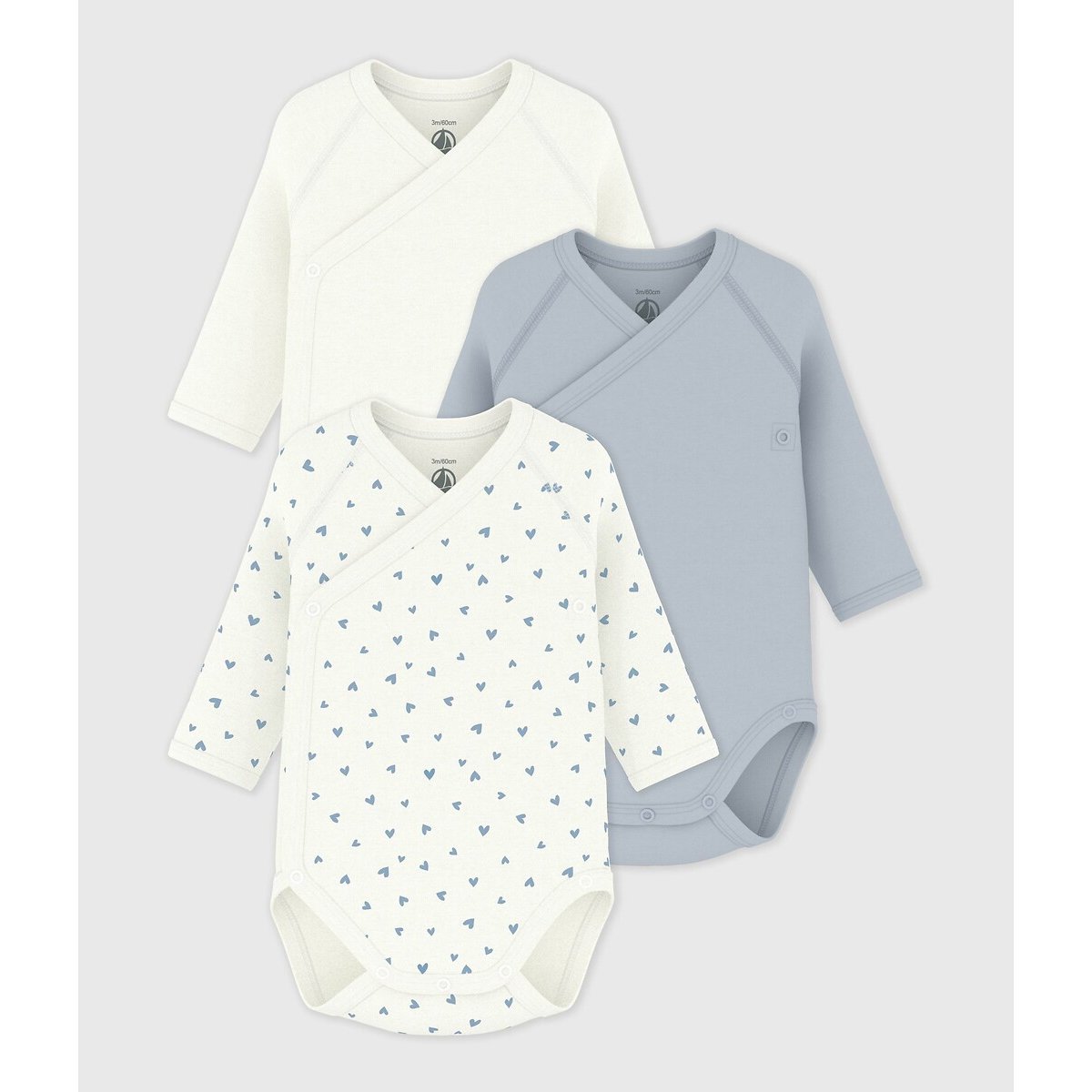 Petit Bateau Pack Of 3 Wrapover Bodysuits With Long Sleeves In Cotton White + Blue 1M (54Cm) Newborn