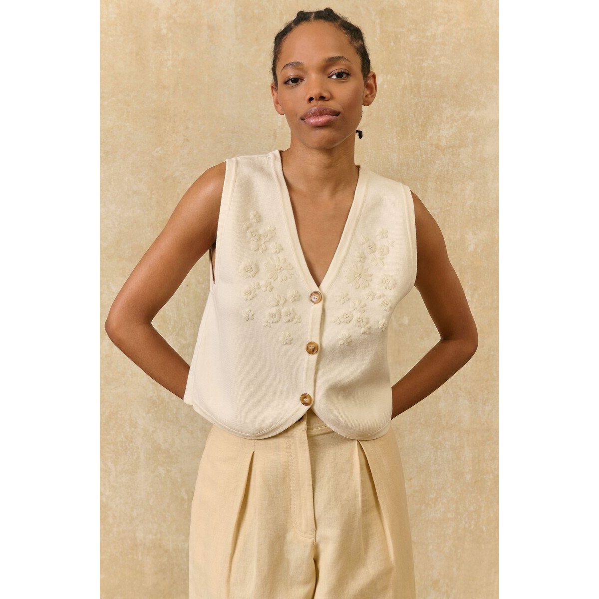 Louise Misha Ibinka Embroidered Sleeveless Cardigan Women's Cream Large