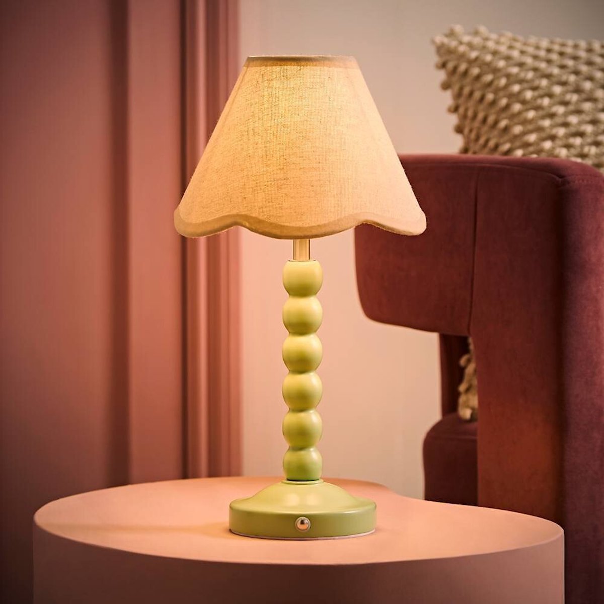 ValueLights Bobbin Scallop Trim Shade Green Rechargeable Portable Table Lamp in Natural - Image 5