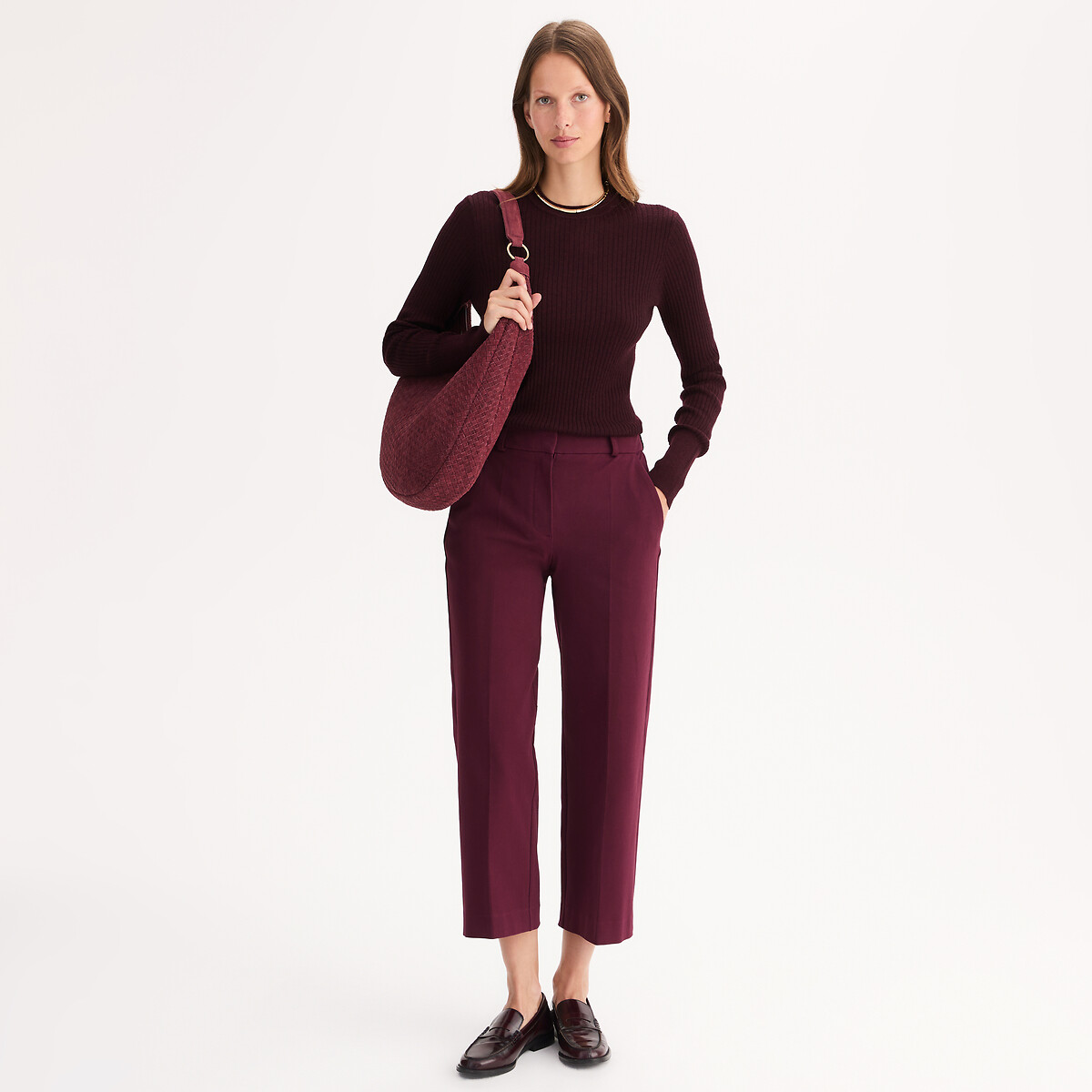 Anne Weyburn Fine Rib Knit Blended Wool Crew Neck Jumper Women's Plum Medium