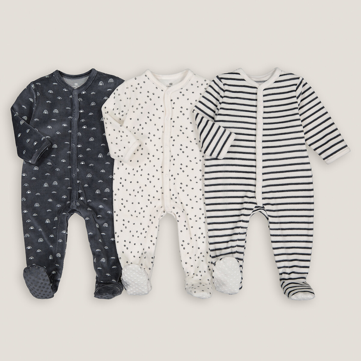 La Redoute Collections Pack Of 3 Sleepsuits In Velour Ecru + Dark Grey 6M (67Cm) Newborn
