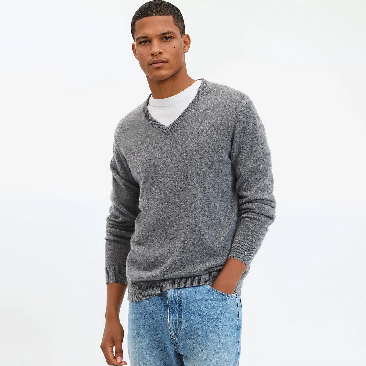 La Redoute Collections Cashmere V-Neck Jumper Men's Grey Marl Xxl
