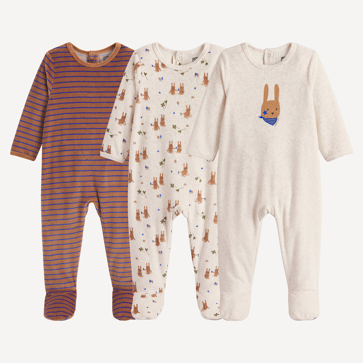 La Redoute Collections Pack Of 3 Rabbit/Striped Print Velour Sleepsuits Assorted 3Y (94Cm) Newborn