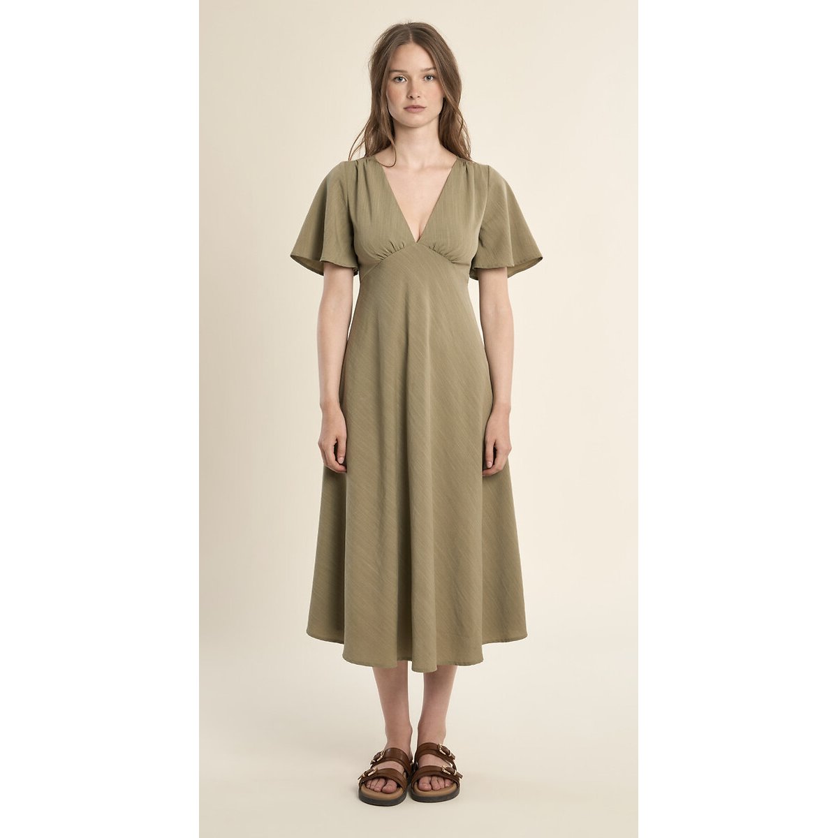 Molly Bracken V-Neck Short Sleeve Maxi Dress Women's Light Khaki Green Medium
