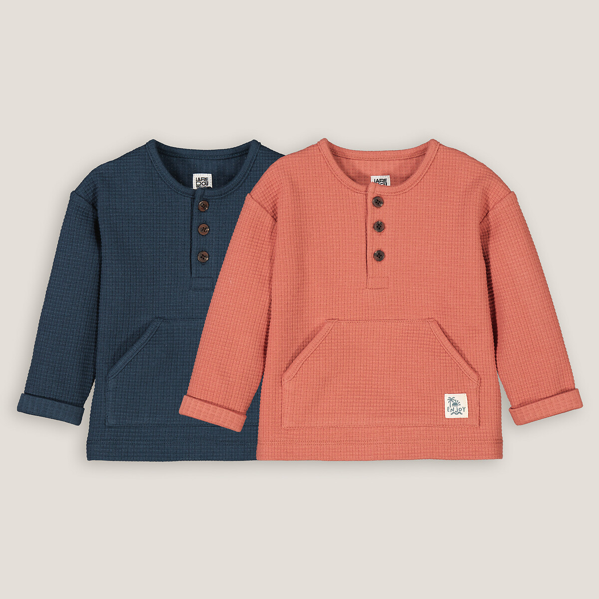 Click to view product details and reviews for Pack Of 2 T Shirts With Long Sleeves In Cotton Mix Waffle Knit.