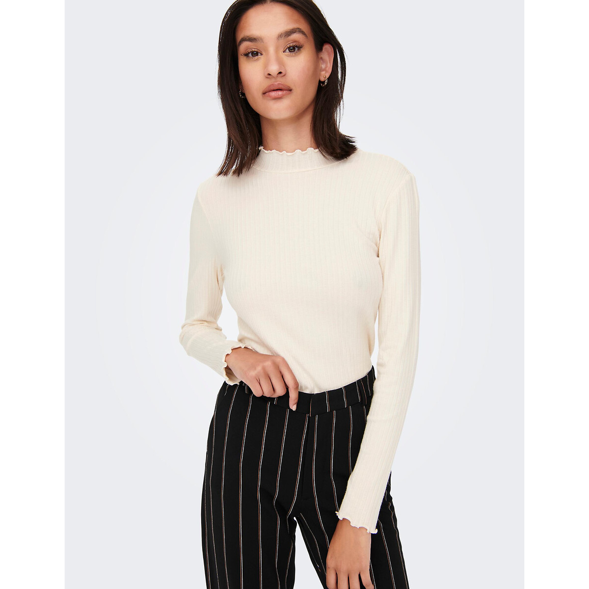Jdy Ribbed High Neck T-Shirt Women's Ecru Small