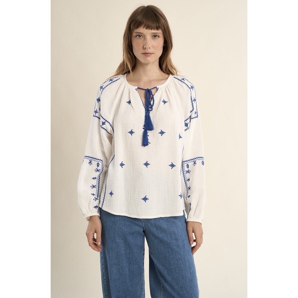 Molly Bracken Embroidered Long Sleeve Blouse Women's White Large