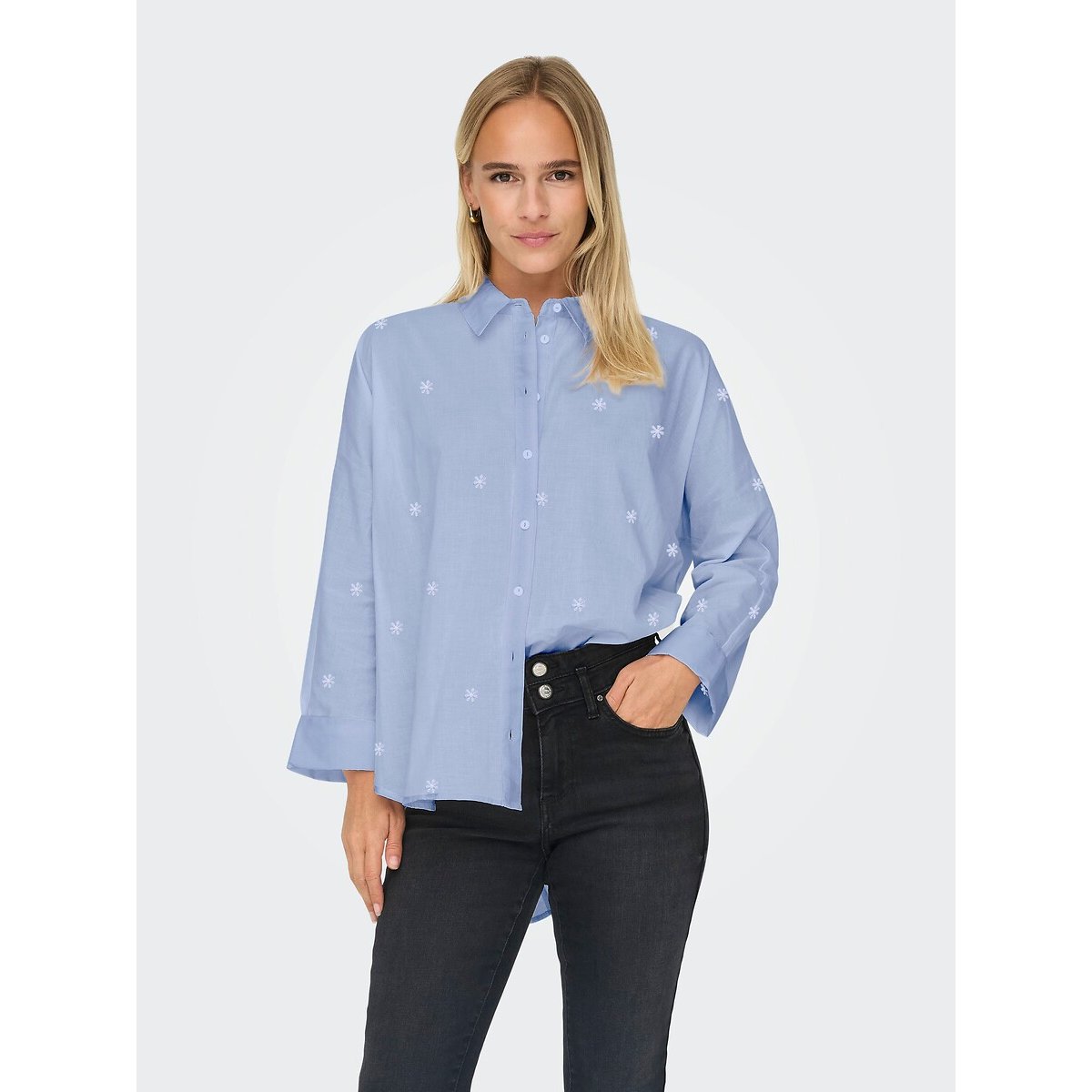 Only Printed Cotton Blouse Women's Sky Blue Extra Small