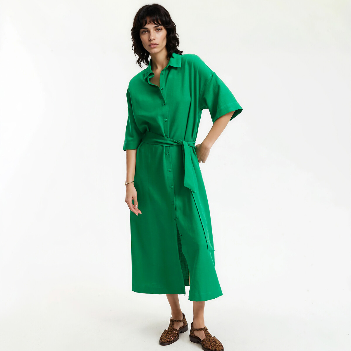 La Redoute Collections Vestido camisero largo con cinturón y mangas al codo. Talla XL. Color Verde