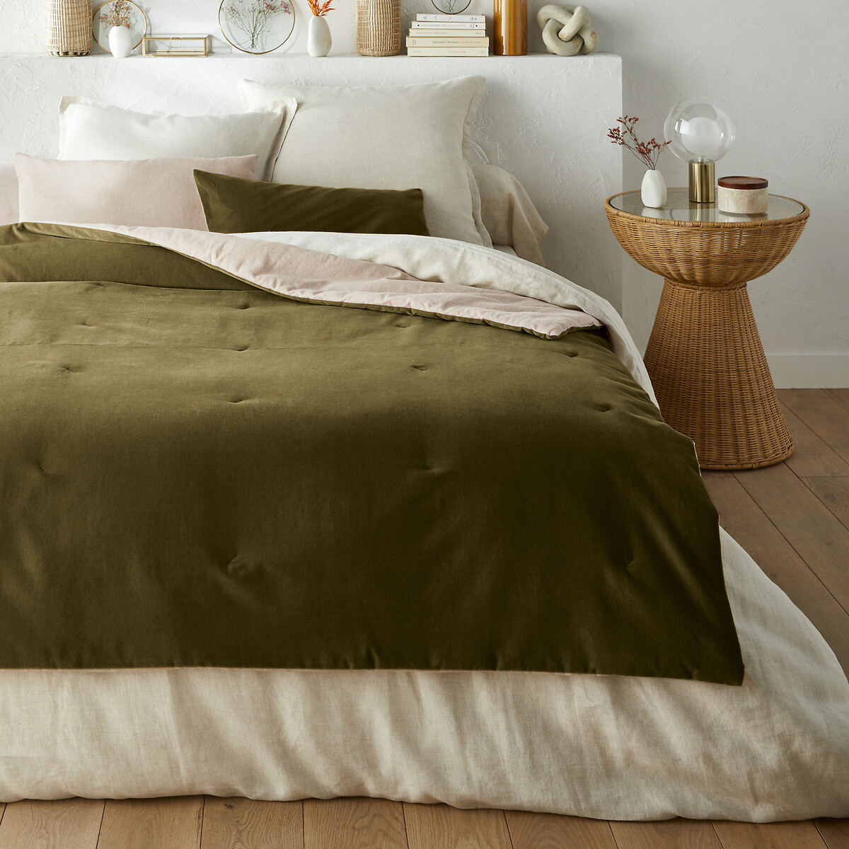 La Redoute Interieurs Velvet Cotton Velvet & Linen Quilt Unisex Olive Green Medium
