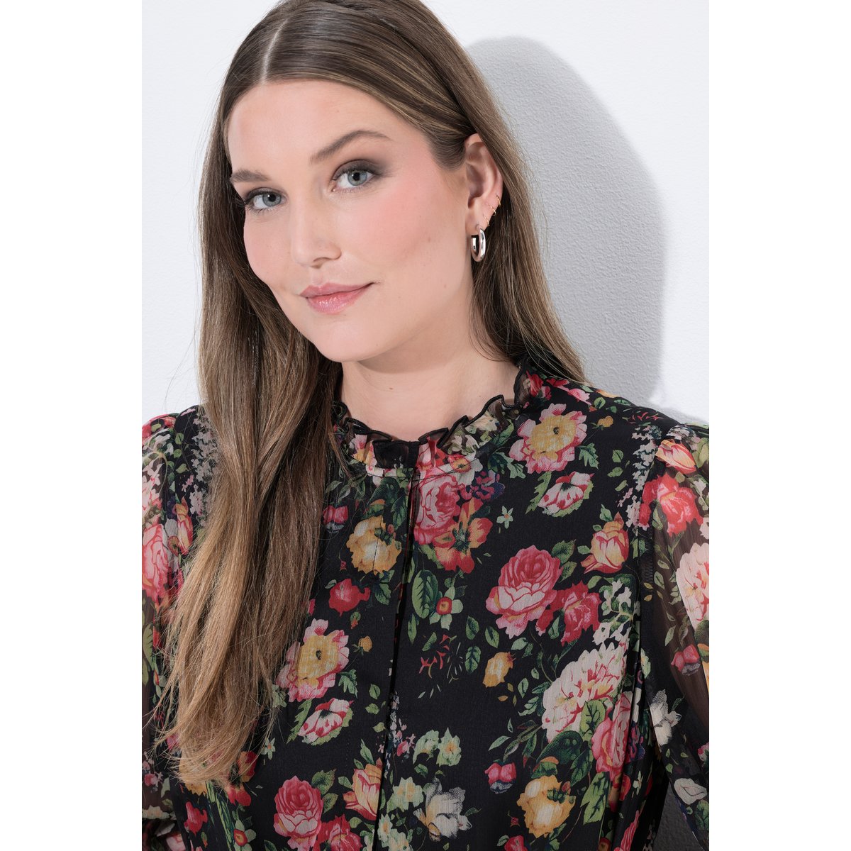 Robe longue à fleurs en mousseline noir, ULLA POPKEN