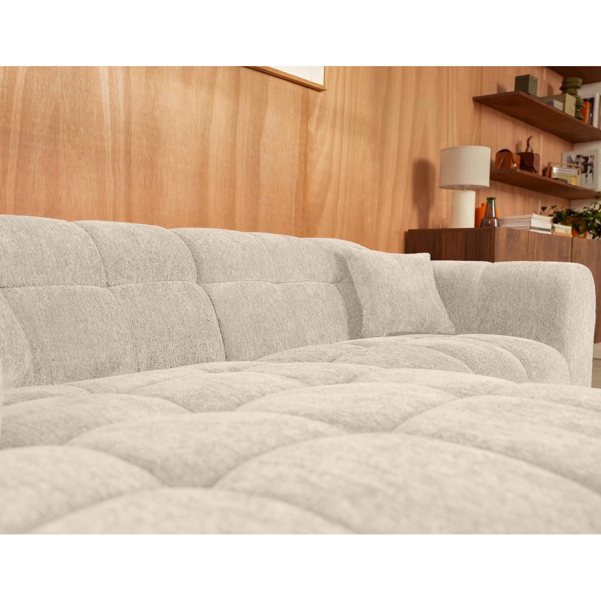 Canapé d'angle gauche en tissu texturé, MINI RAY beige, BEST MOBILIER