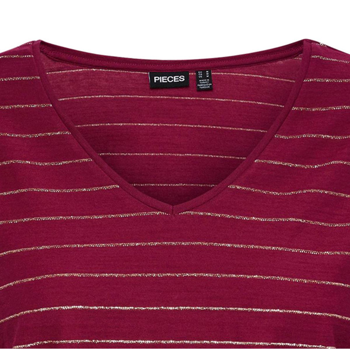 T-shirt col V Pcmilona en coton mélangé framboise à rayures dorées framboise, PIECES