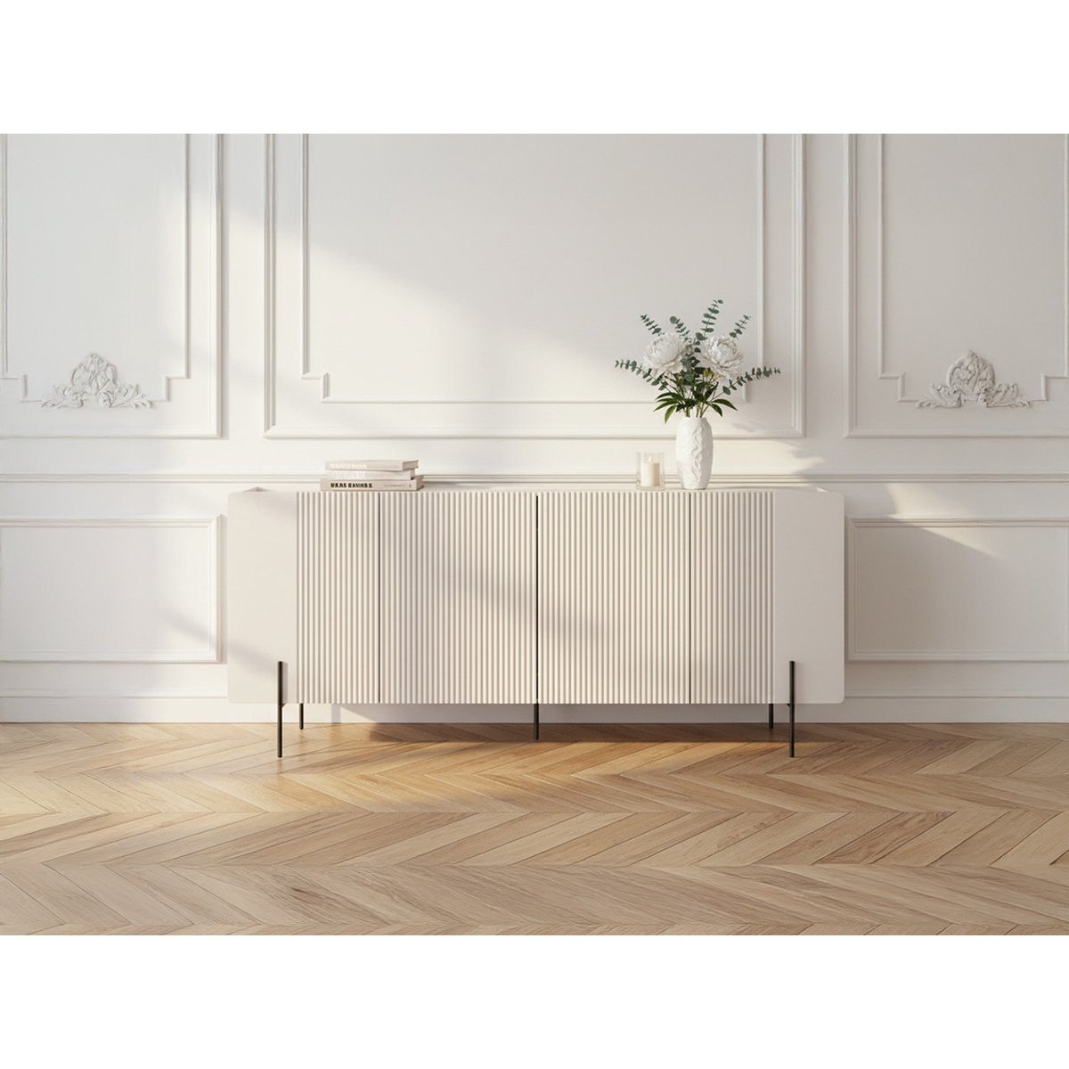 Buffet bas en panneaux de particules et MDF 4 portes 200 cm, MATHILDE beige, BOBOCHIC