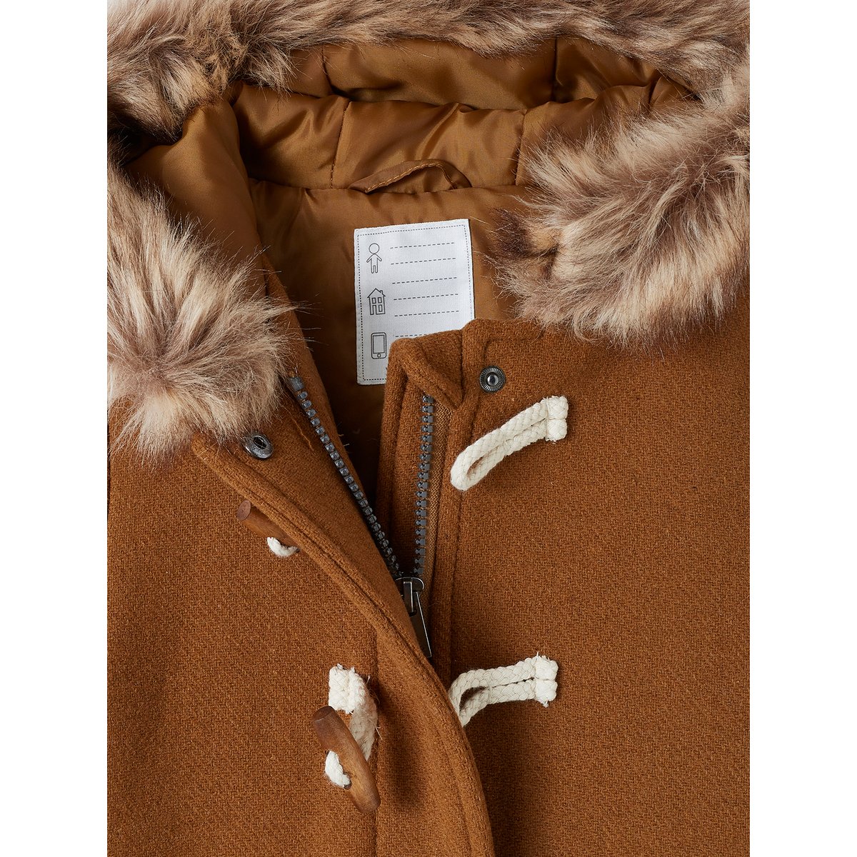 Duffle-coat à capuche drap de laine camel, VERTBAUDET