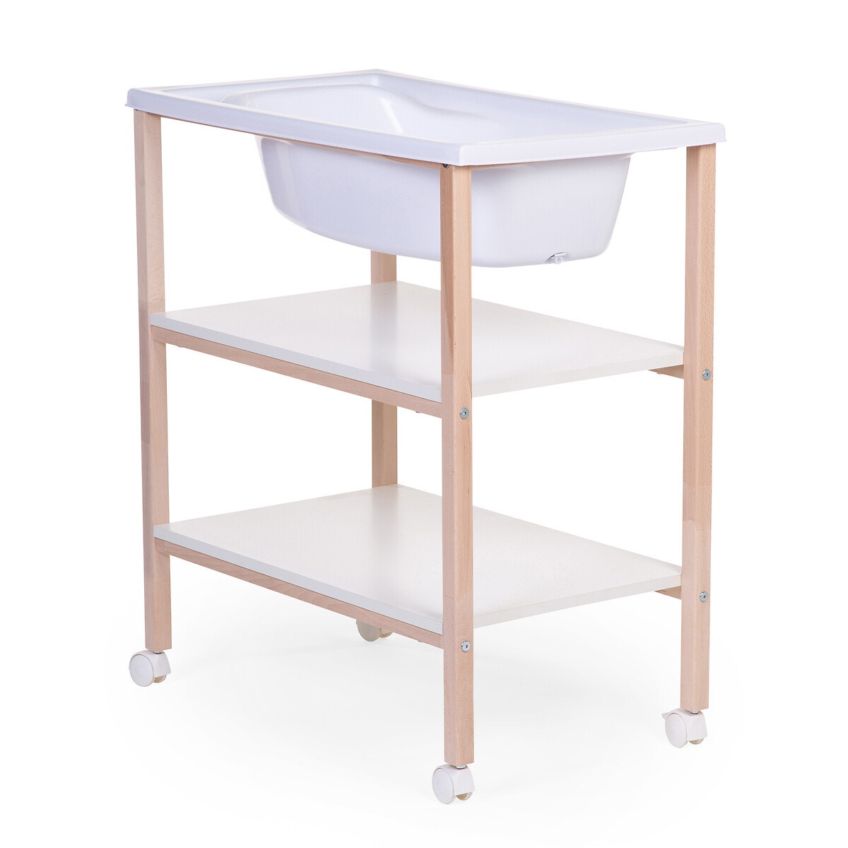 Table à langer et baignoire avec roues en bois blanc/naturel, CHILDHOME