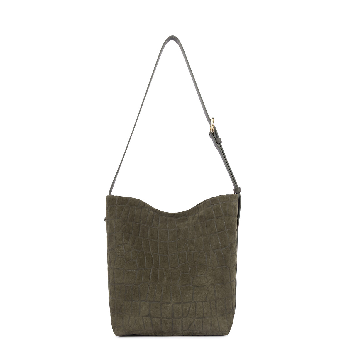 Sac besace en cuir de vachette suède, motif croco kaki, LANCASTER