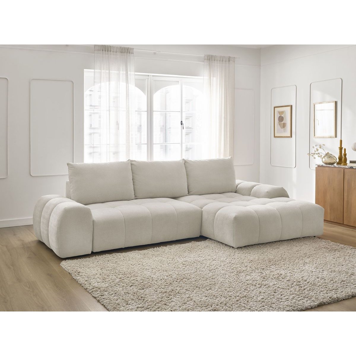 Canapé d'angle convertible 3 places en tissu texturé, EVEREST blanc, BOBOCHIC