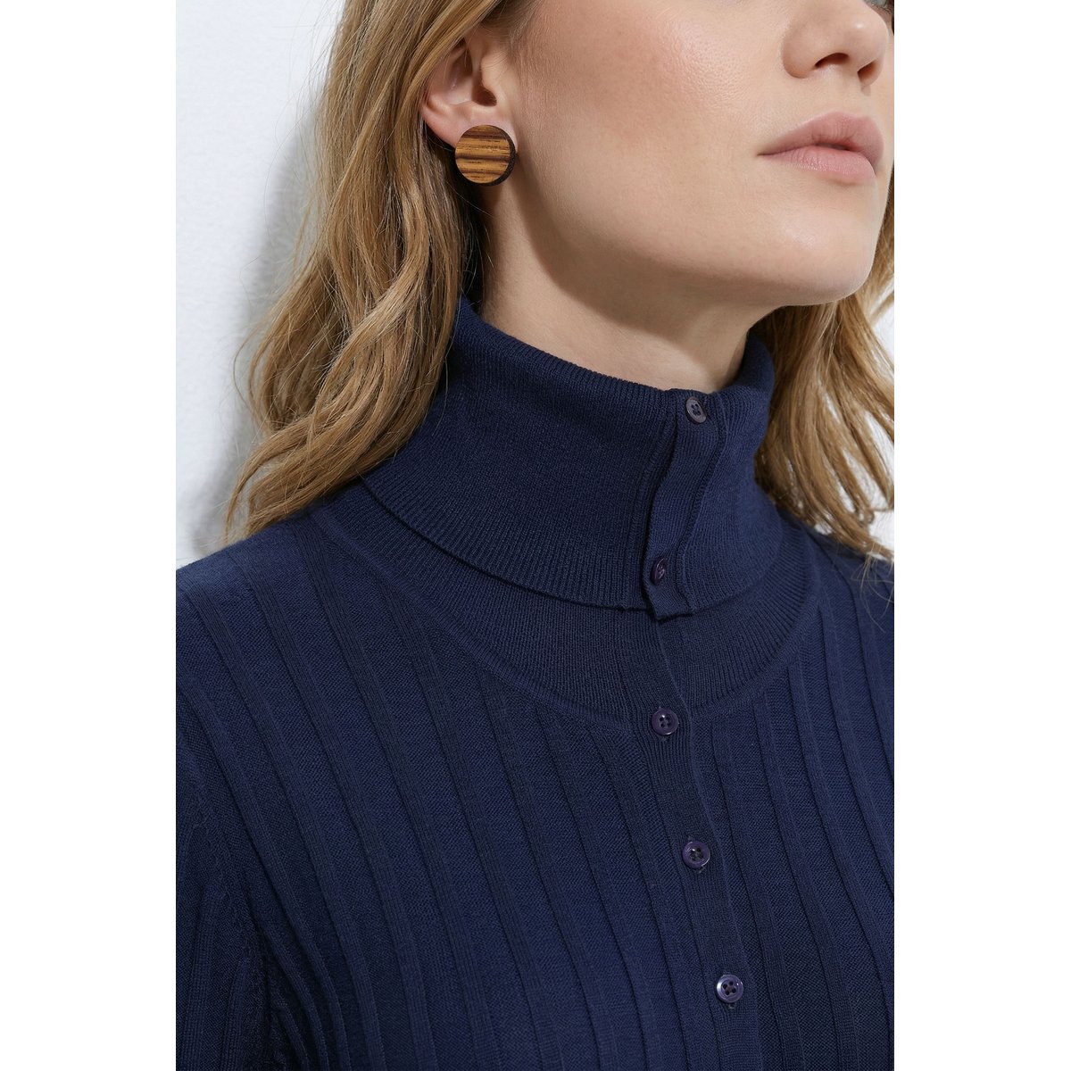 Pull col roulé en coton bio, manches 3/4 marine, ULLA POPKEN