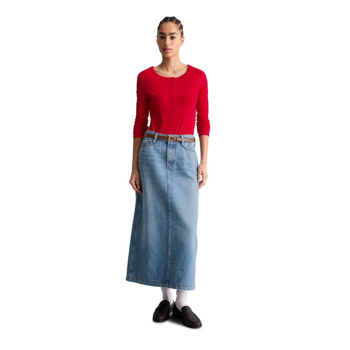 Serafino-Longsleeve regular en jersey côtelé doux rouge clair, MARC O’POLO DENIM
