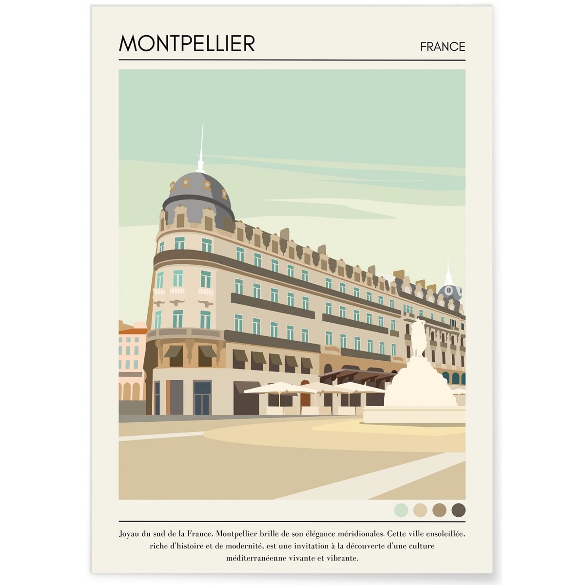Affiche ville Montpellier Vintage blanc, L'AFFICHERIE