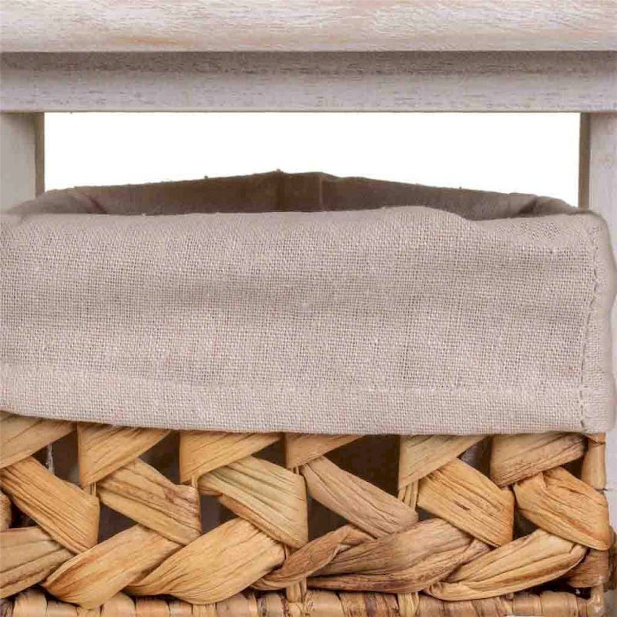 Table de chevet carrée en bois, 3 tiroirs blanc antique et naturel tressé, RECOLLECTION