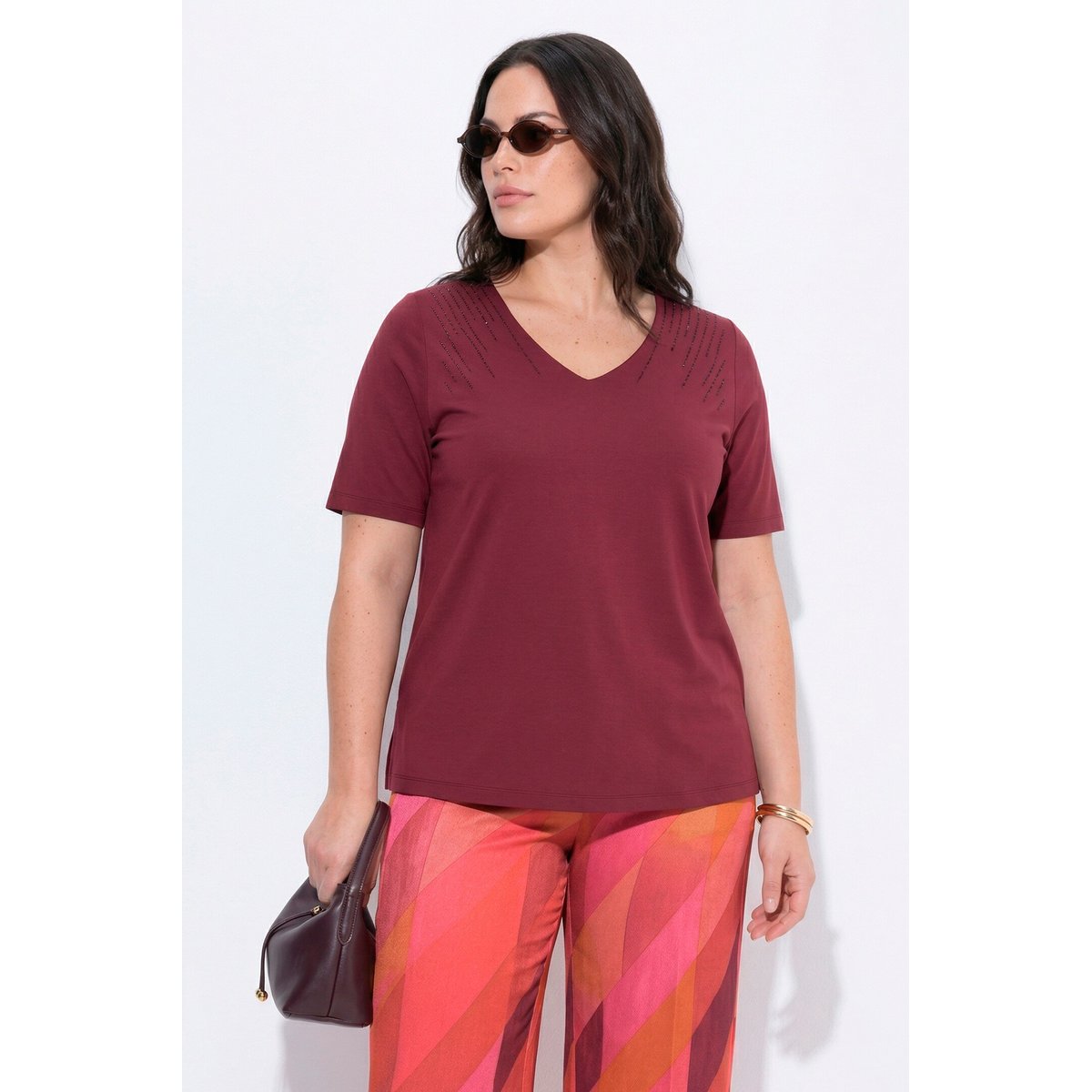 T-shirt avec strass fantaisie rouge vin, ULLA POPKEN