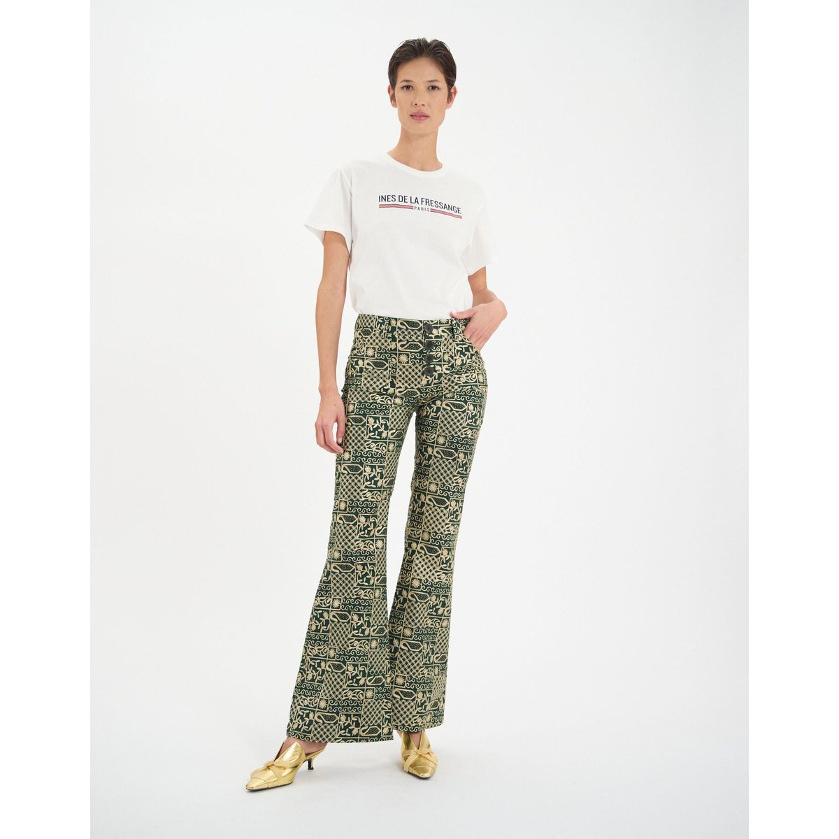 Pantalon Charlotte en coton brodé vert green, INES DE LA FRESSANGE PARIS