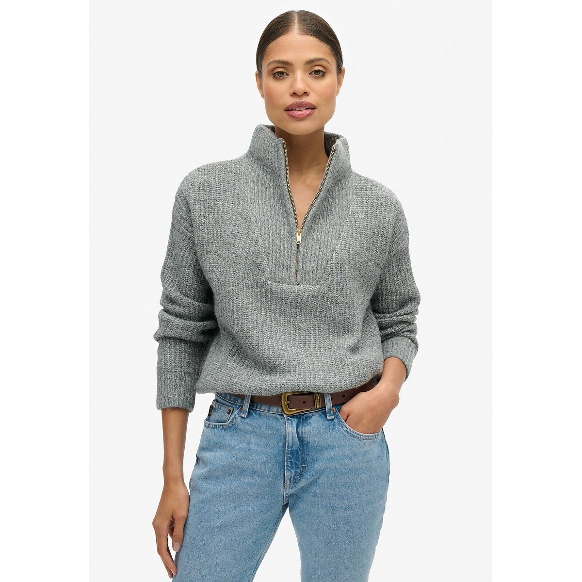 Pull camionneur Essential Zip Neck gris anthracite, SUPERDRY