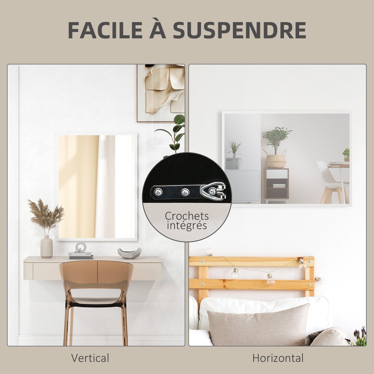 Miroir mural Verre Bois naturel blanc, HOMCOM