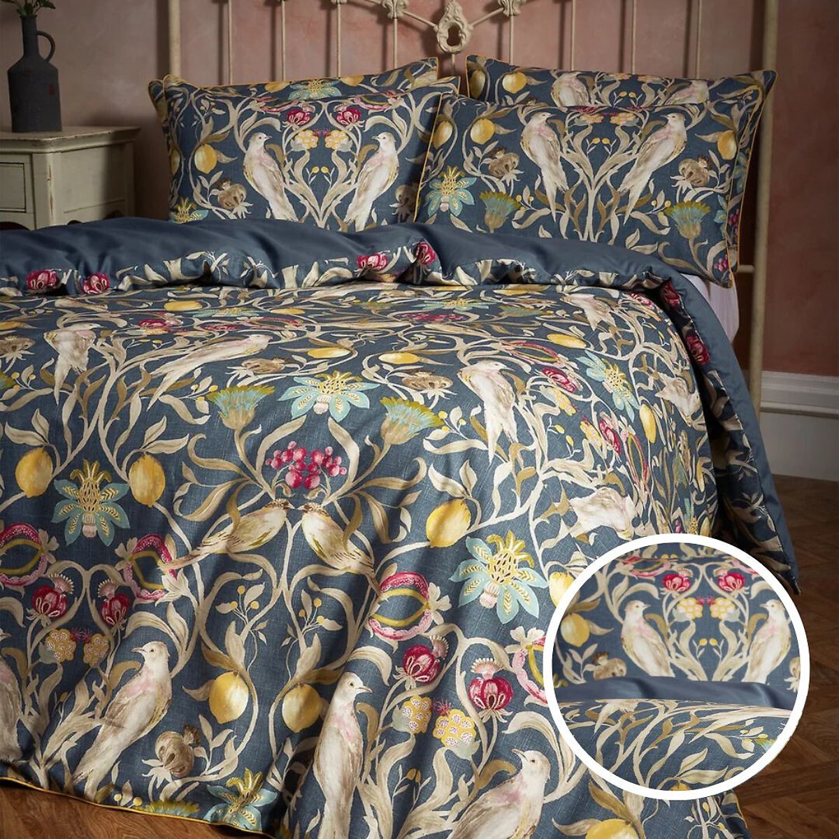 Songbird Wildflower Slub 100% Cotton Duvet Cover and Pillowcase Set navy, EW BY EDINBURGH WEAVERS