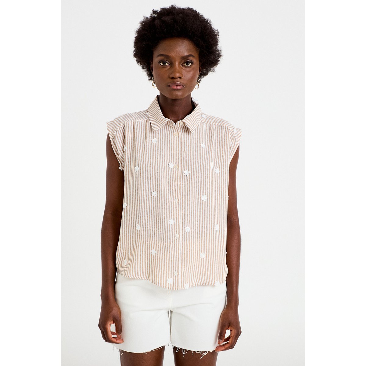 Blouse sans manches col classique marron, CACHE CACHE