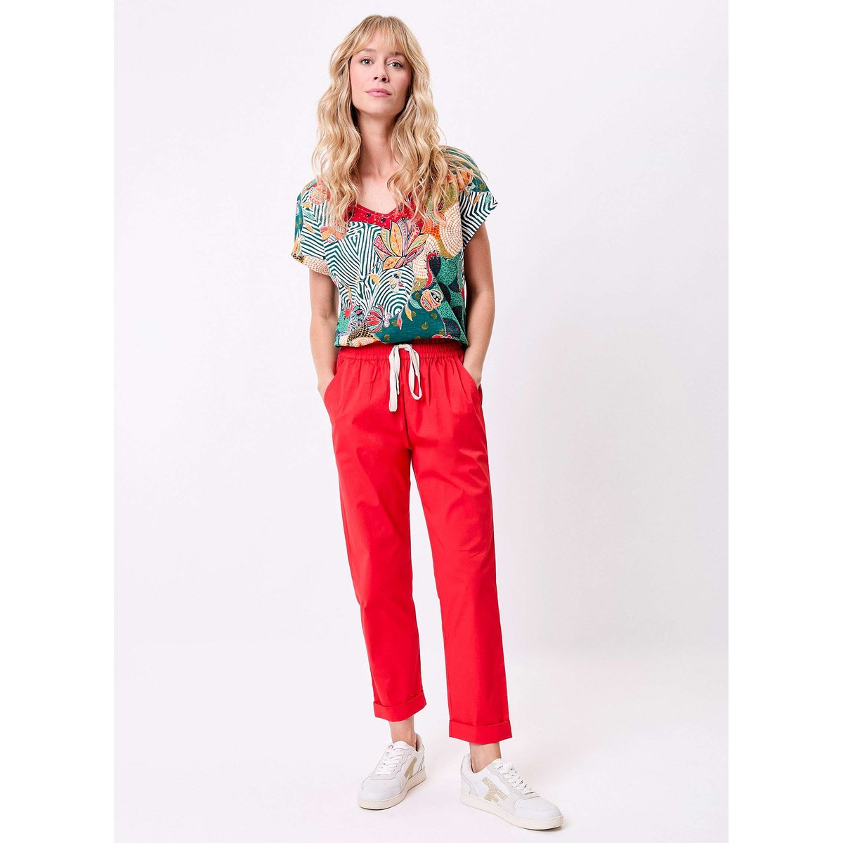 Pantalon chino élastiqué coton stretch MATHIS rouge vermillon intense, PRINCESSE NOMADE